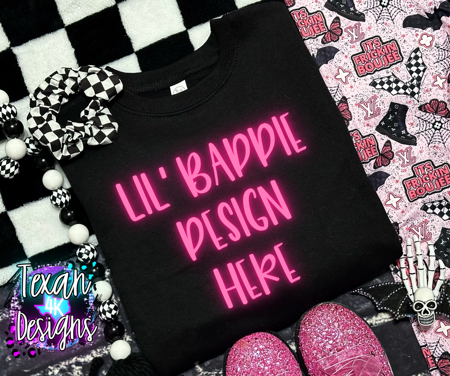 black creneck shirt, toddler girl, checkered, edgy, spooky, boujee, flatlay mock up