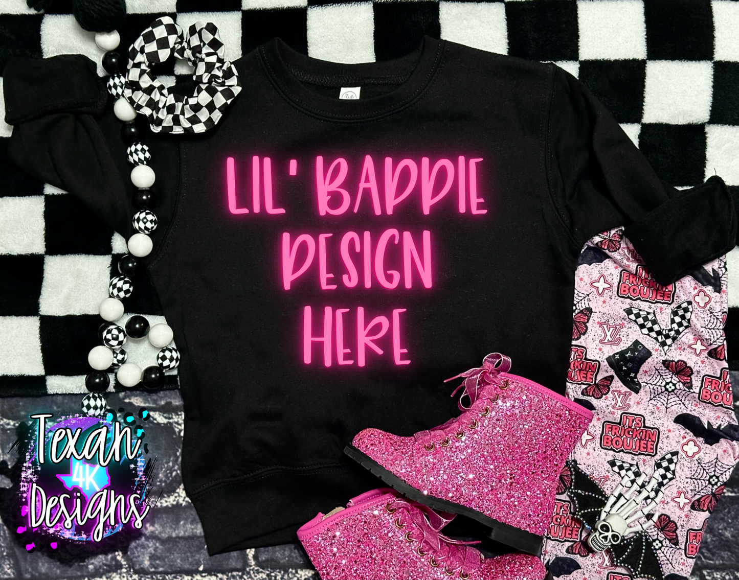 black creneck shirt, toddler girl, checkered, edgy, spooky, boujee, flatlay mock up