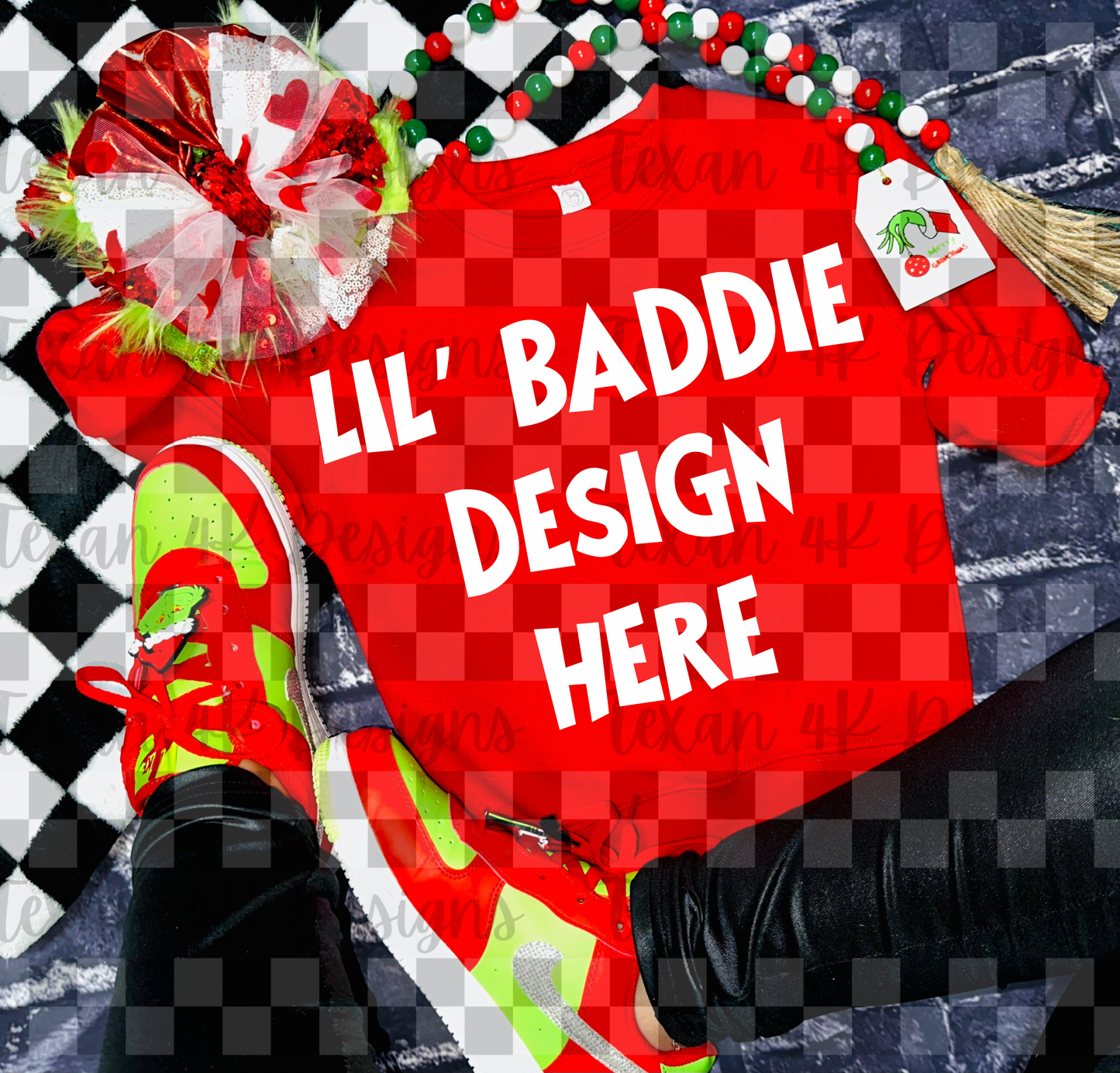 red crewneck sweatshirt, toddler girl, checkered, edgy, christmas, flatlay mock up