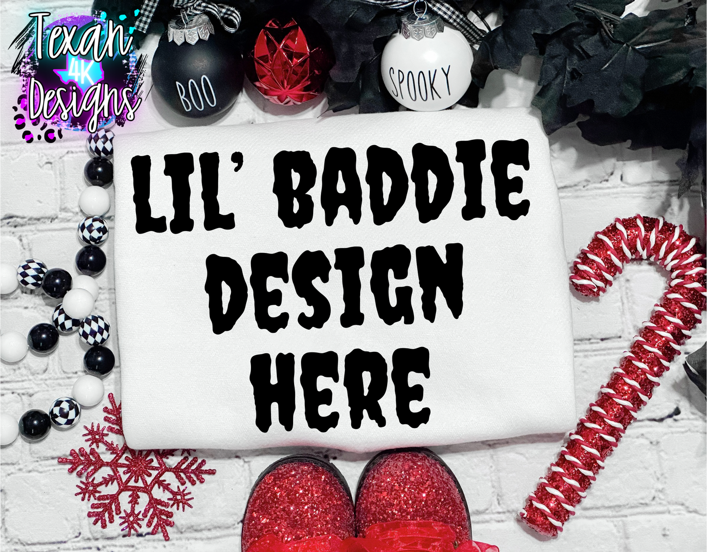 white cewneck shirt, toddler girl, checkered, edgy, spooky, flatlay mock up - creepmas