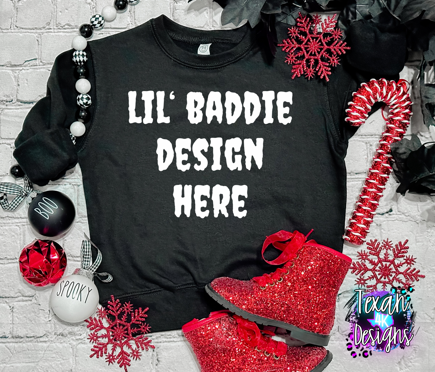 black cewneck shirt, toddler girl, checkered, edgy, spooky, flatlay mock up - creepmas
