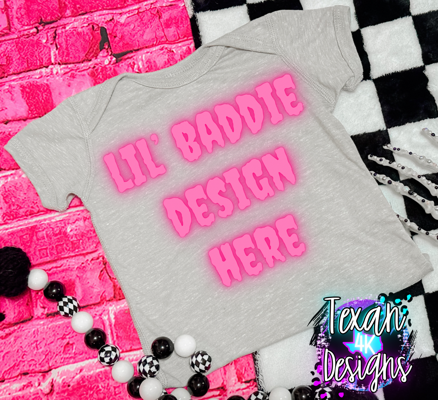 grey onsie , infant girl, checkered, edgy, spooky, flatlay mock up