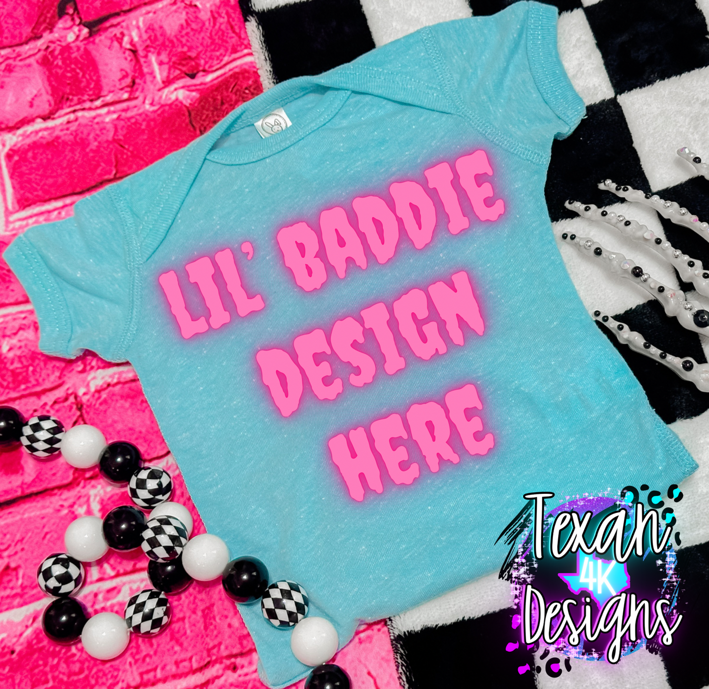 blue onsie , infant girl, checkered, edgy, spooky, flatlay mock up