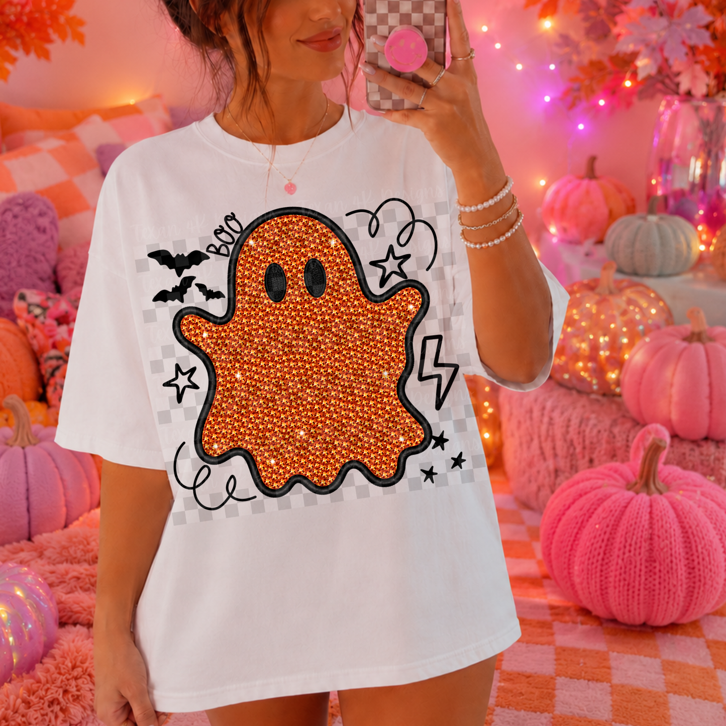 rhinestones doodle purple ghost (orange)- DIGITAL PNG