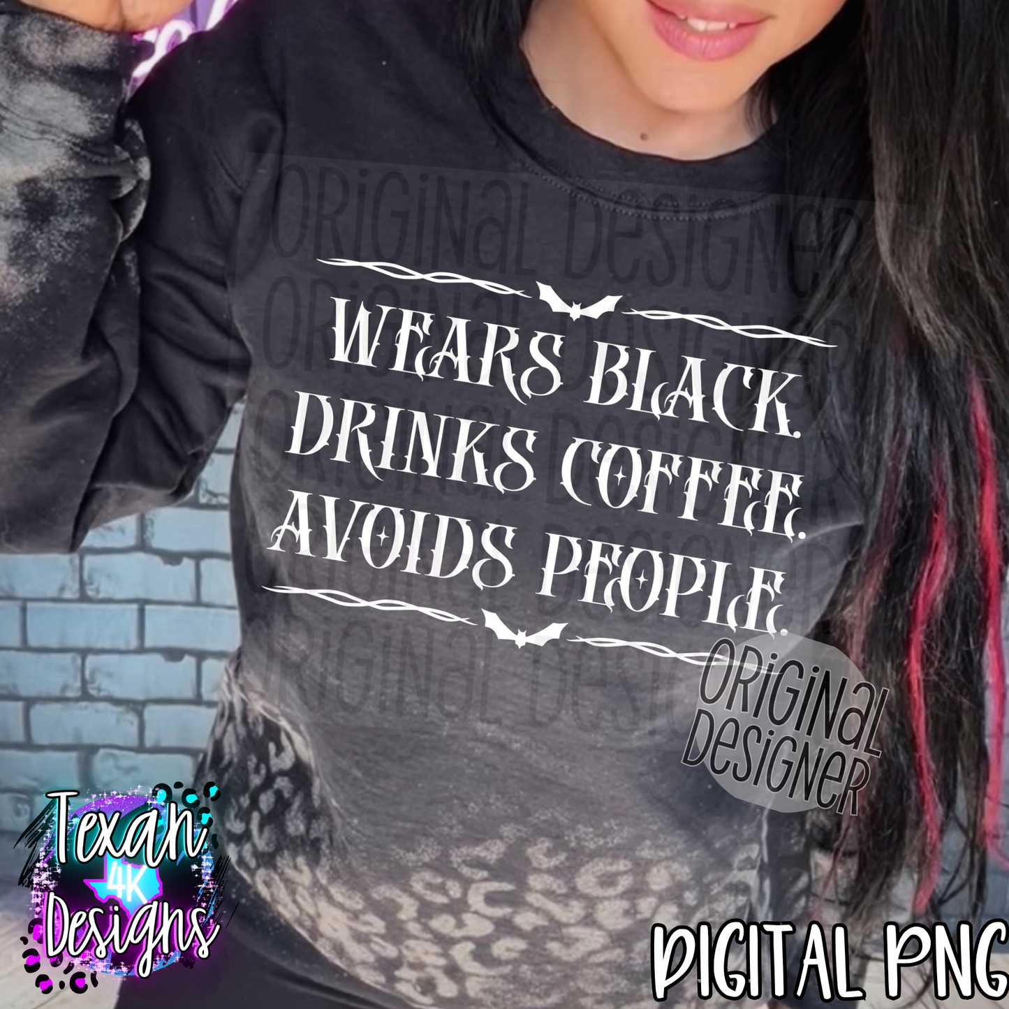 wears black drinks coffee avoid people - 2 DIGITAL PNG