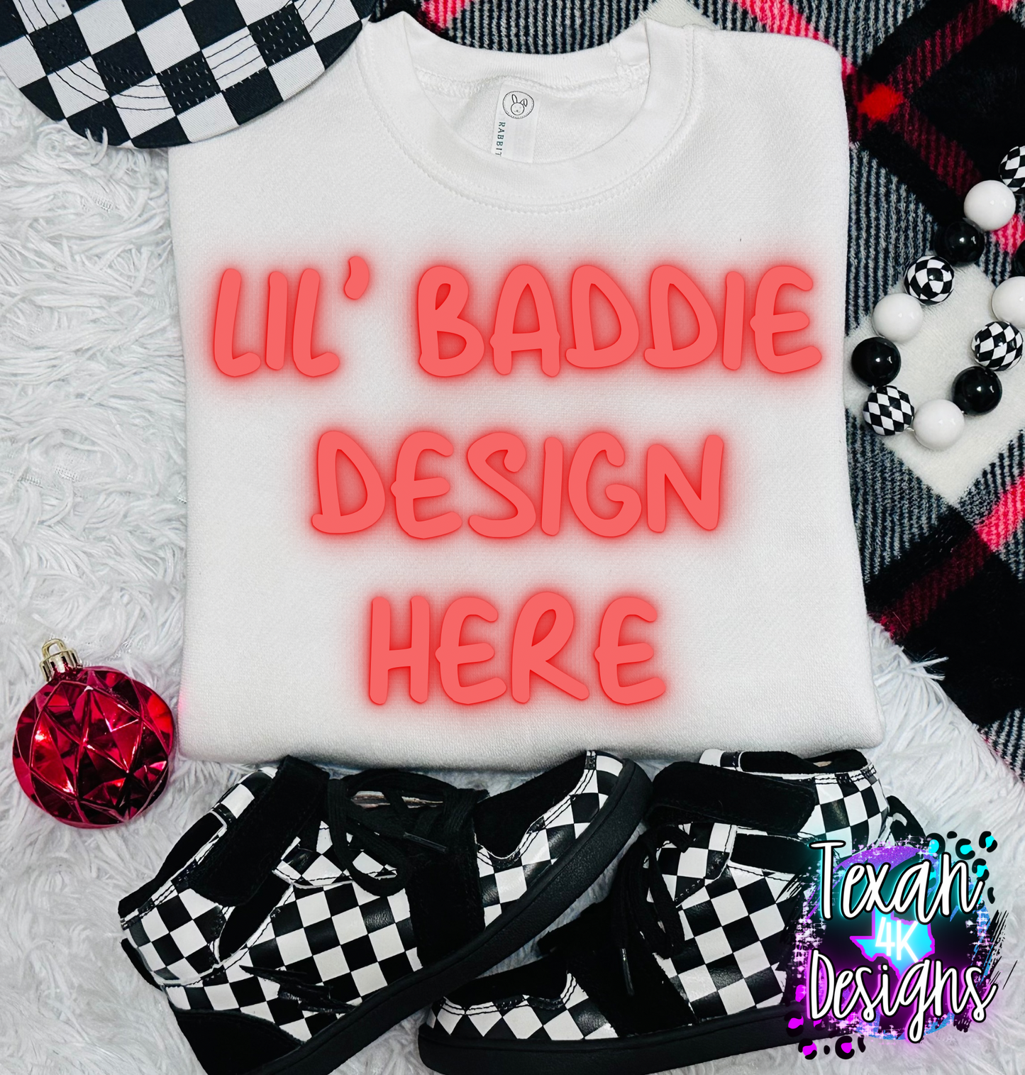 white cewneck shirt , toddler boy, checkered, edgy, spooky, flatlay mock up - classic christmas