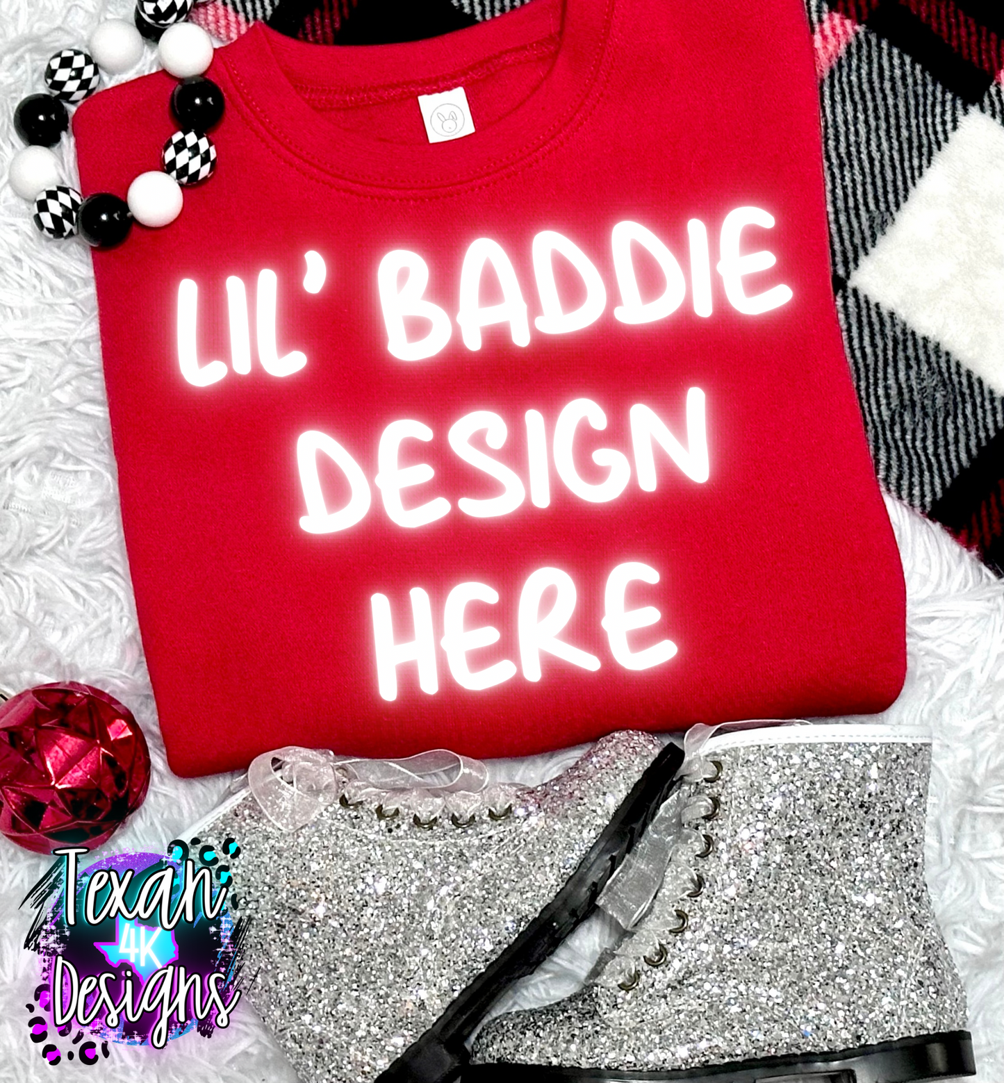 red crewneck sweatshirt, toddler girl, checkered, edgy, spooky, flatlay mock up - classic christmas