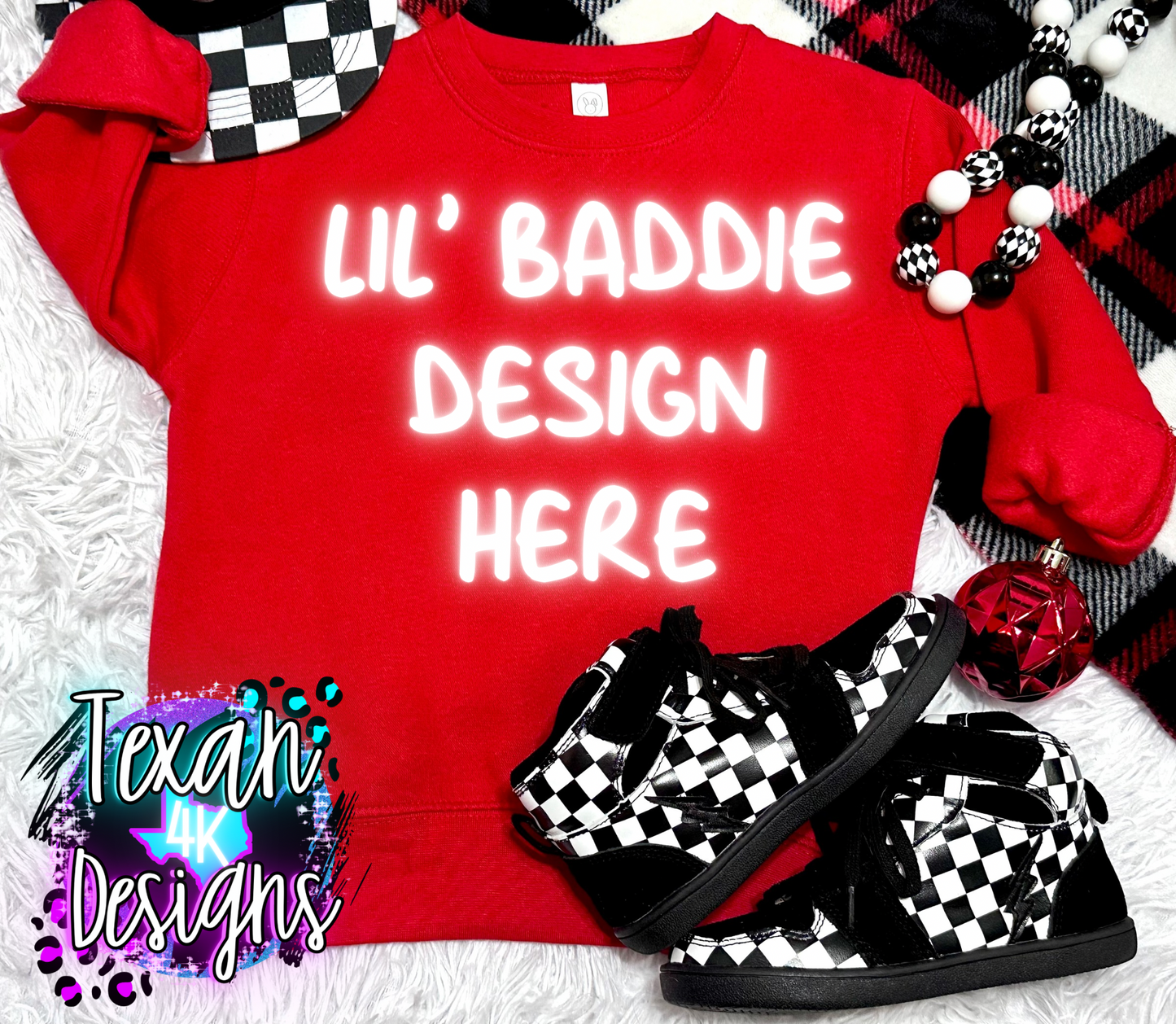 red cewneck shirt , toddler boy, checkered, edgy, spooky, flatlay mock up - classic christmas