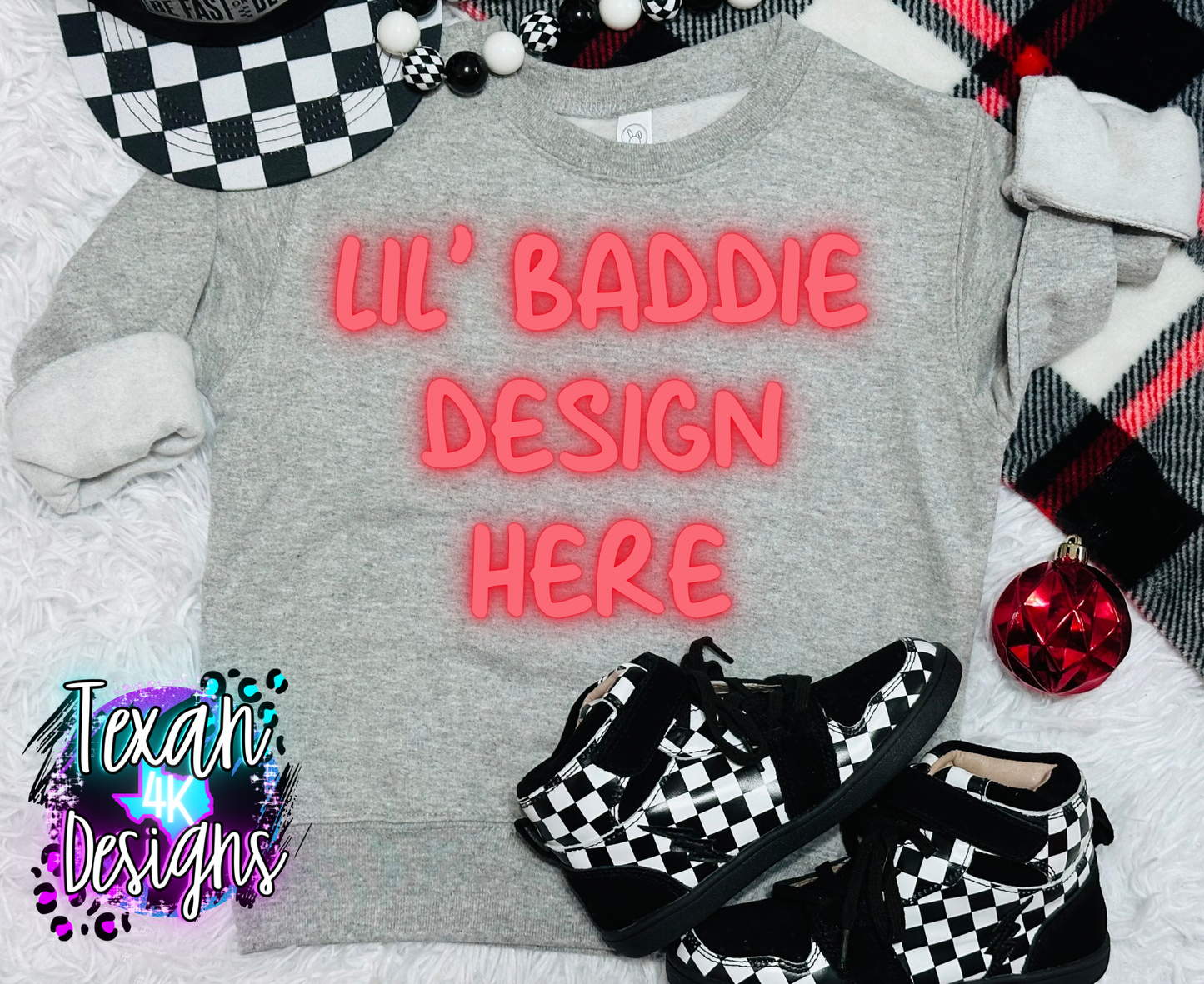 ash grey cewneck shirt , toddler boy, checkered, edgy, spooky, flatlay mock up - classic christmas
