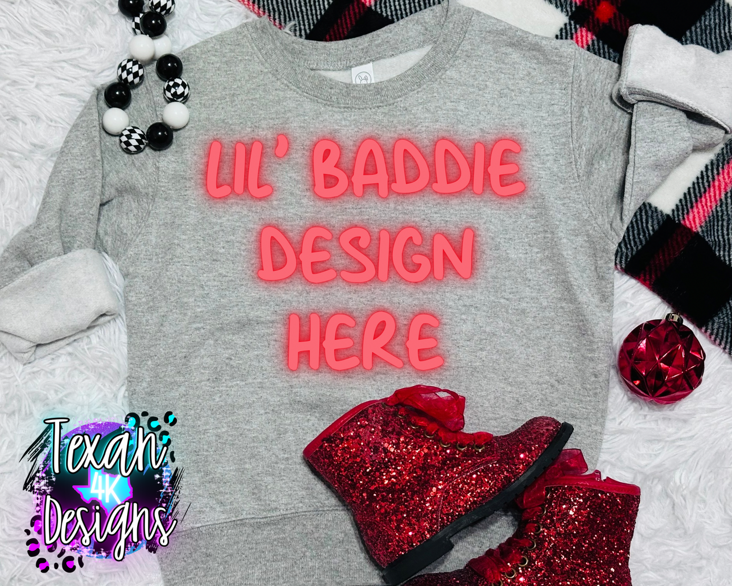 ash grey crewneck sweatshirt, toddler girl, checkered, edgy, spooky, flatlay mock up - classic christmas