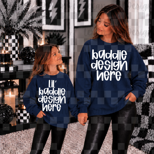 gildan navy sweatshirt mommy & me, mock up (girl)