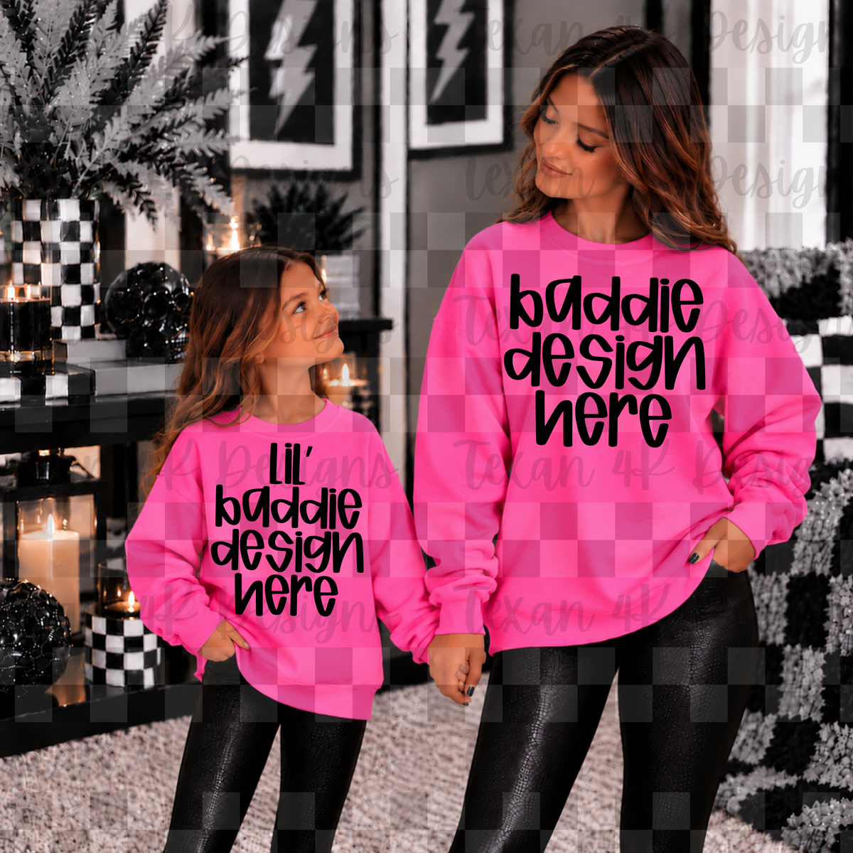 gildan safety pink sweatshirt mommy & me, mock up (girl)