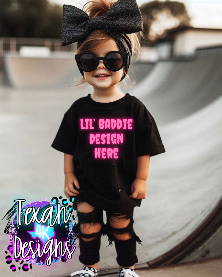 IRL black shirt toddler girl, edgy, model mock up