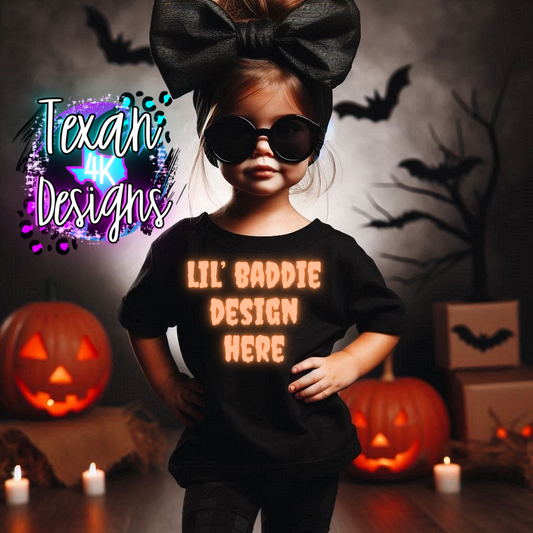 IRL black shirt toddler girl, edgy, spooky, model mock up