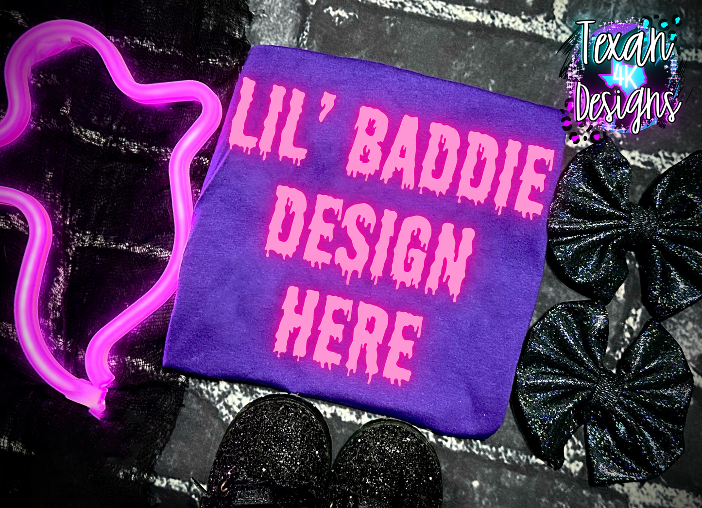 gildan purple shirt, toddler girl, spooky, edgy, flatlay mock up