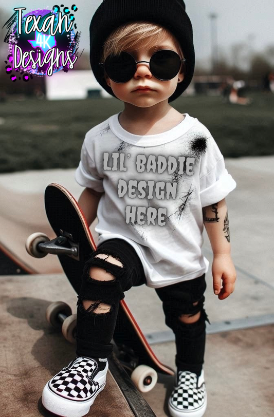 IRL white shirt toddler boy, edgy, model mock up