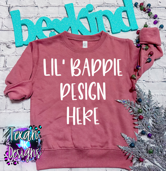 mauve crew neck , toddler girl, flat lay, trending, be kind edition