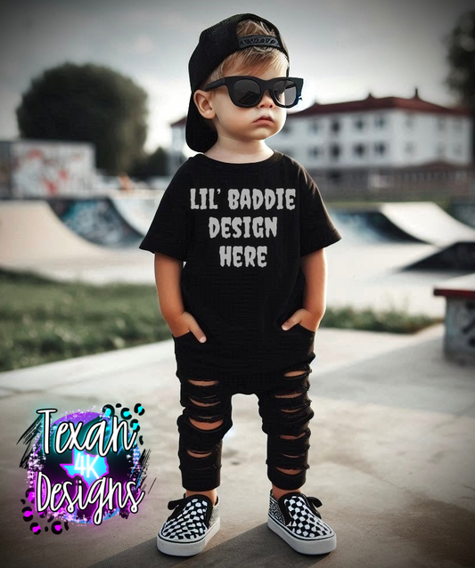 IRL black shirt toddler boy, edgy, model mock up