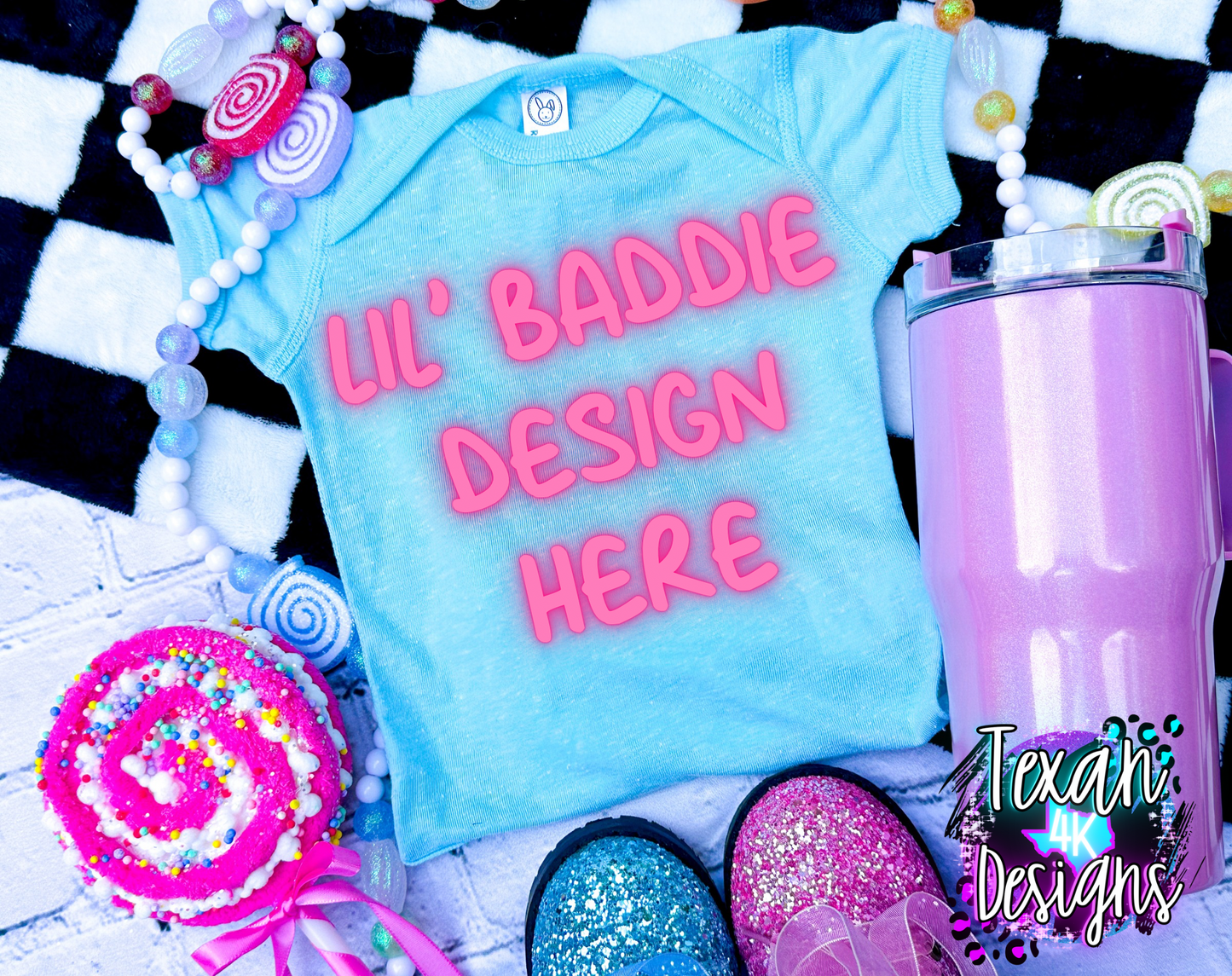 blue onsie , toddler girl, checkered, edgy, spooky, flatlay mock up - candy