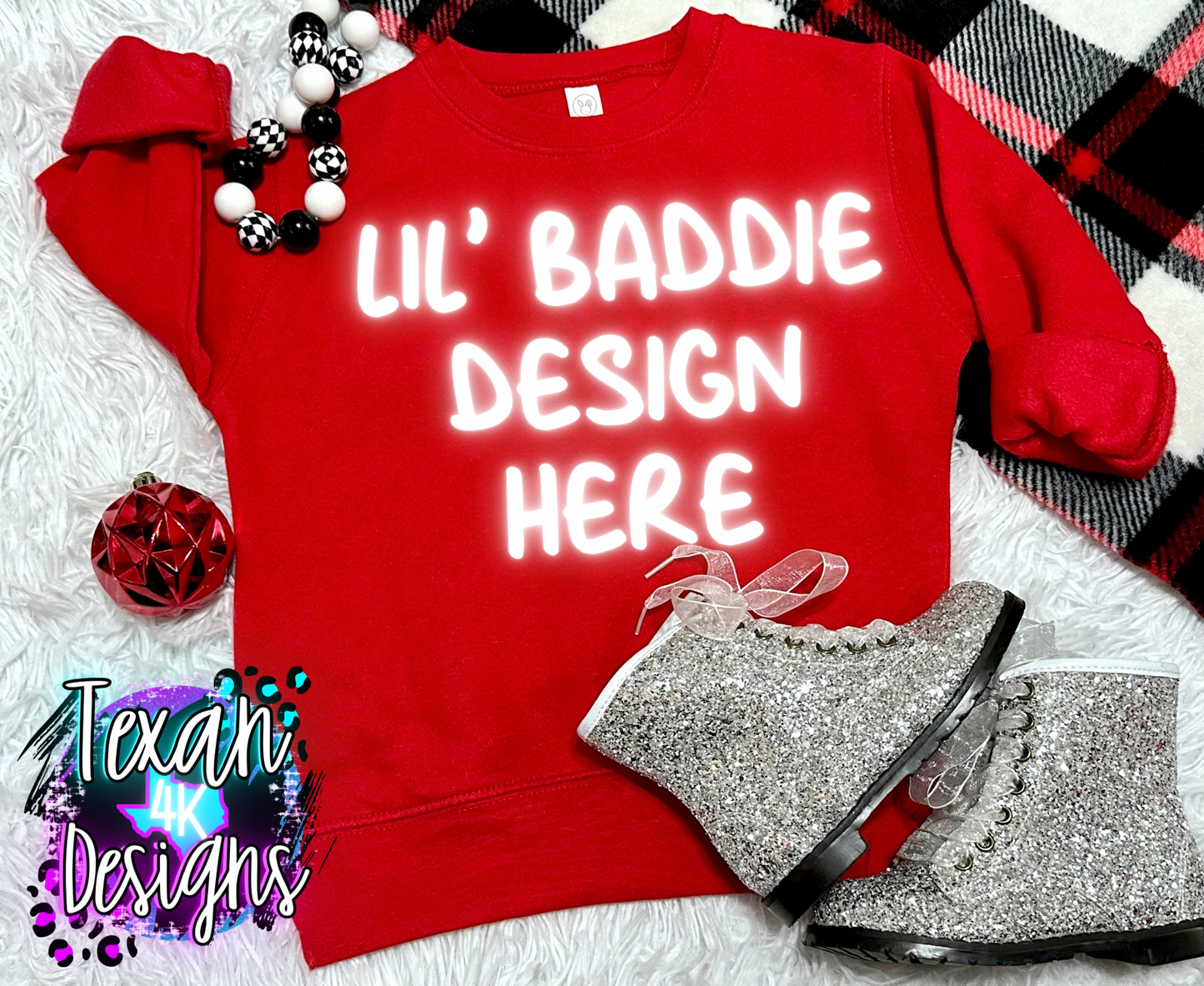 red crewneck sweatshirt, toddler girl, checkered, edgy, spooky, flatlay mock up - classic christmas