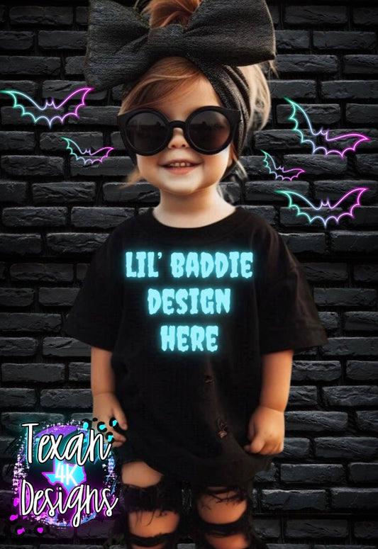 IRL black shirt toddler girl, edgy, spooky, model mock up