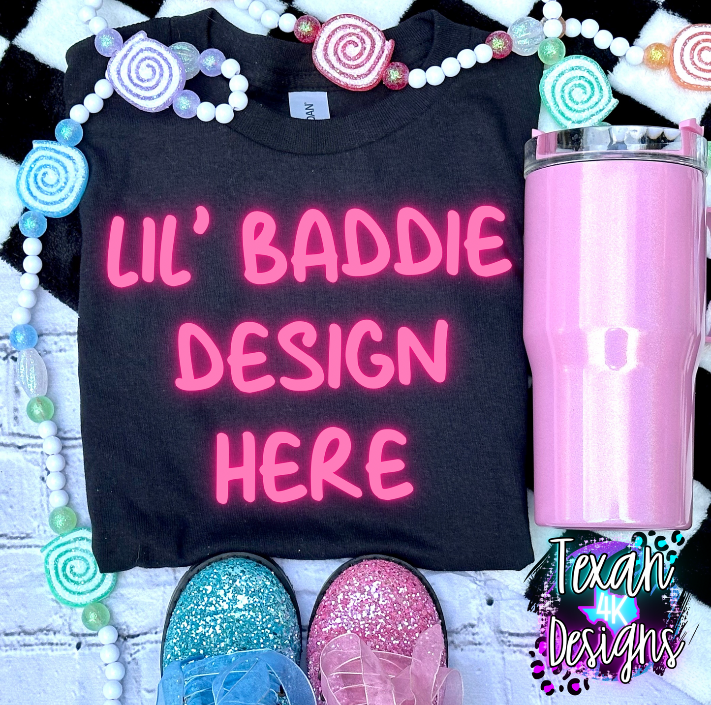 black shirt , toddler girl, checkered, edgy, spooky, flatlay mock up - candy