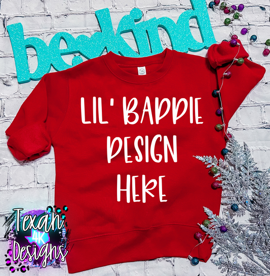 red crew neck , toddler girl, flat lay, trending, be kind edition