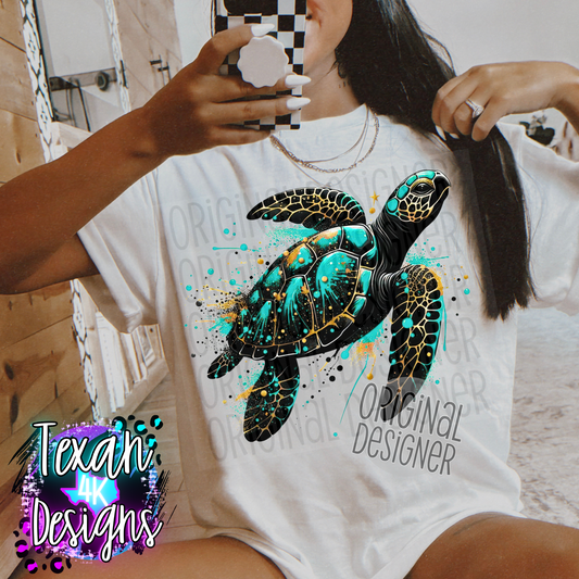 teal gold splatter sea turtle  - DIGITAL PNG