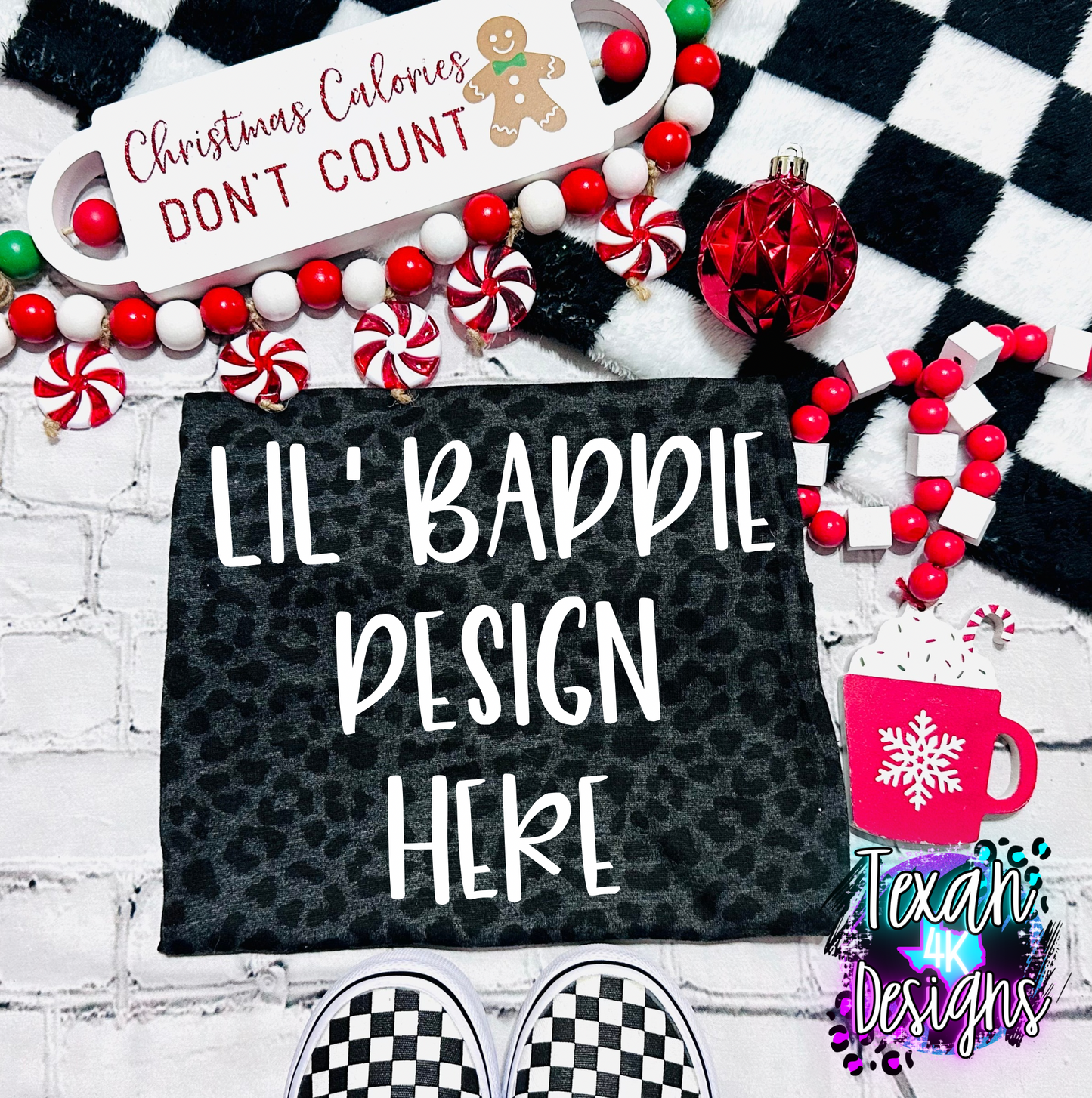 black leopard shirt , toddler girl, checkered, edgy, spooky, flatlay mock up - christmas calories