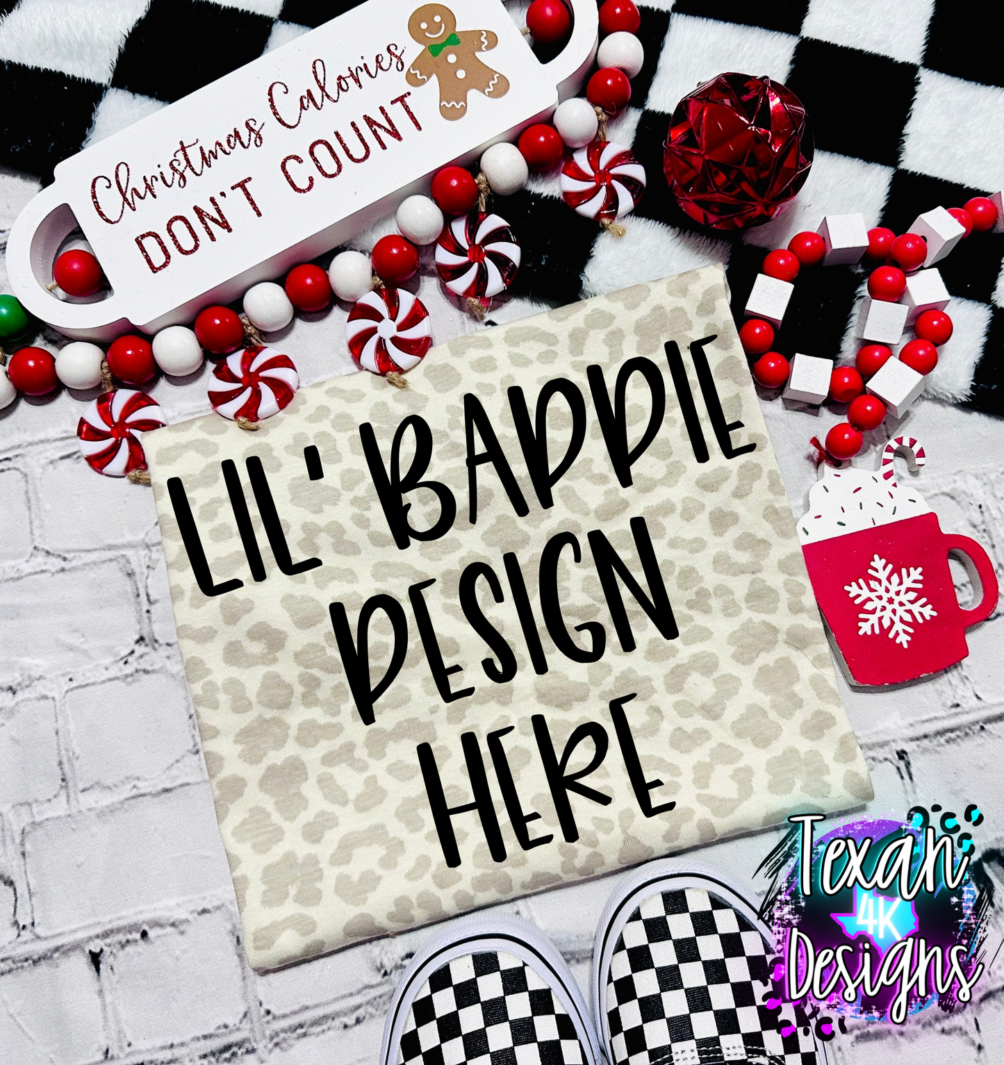 neutral leopard shirt , toddler girl, checkered, edgy, spooky, flatlay mock up - christmas calories