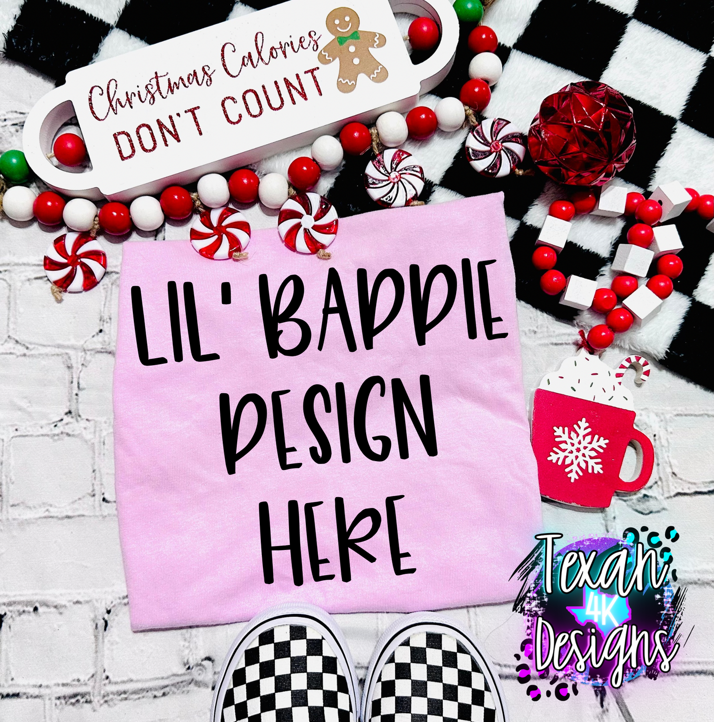 light pink shirt , toddler girl, checkered, edgy, spooky, flatlay mock up - christmas calories