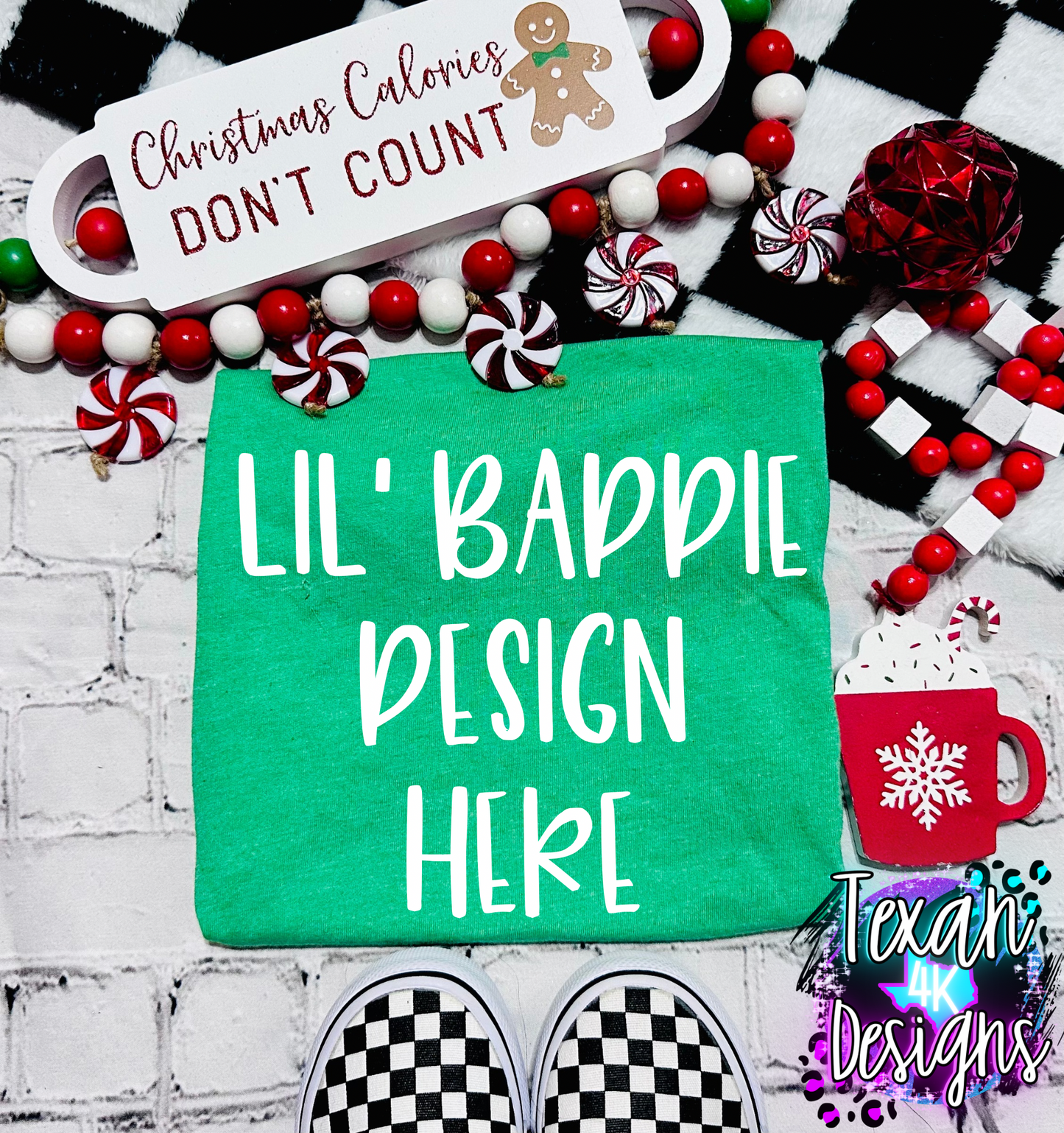 green shirt , toddler girl, checkered, edgy, spooky, flatlay mock up - christmas calories