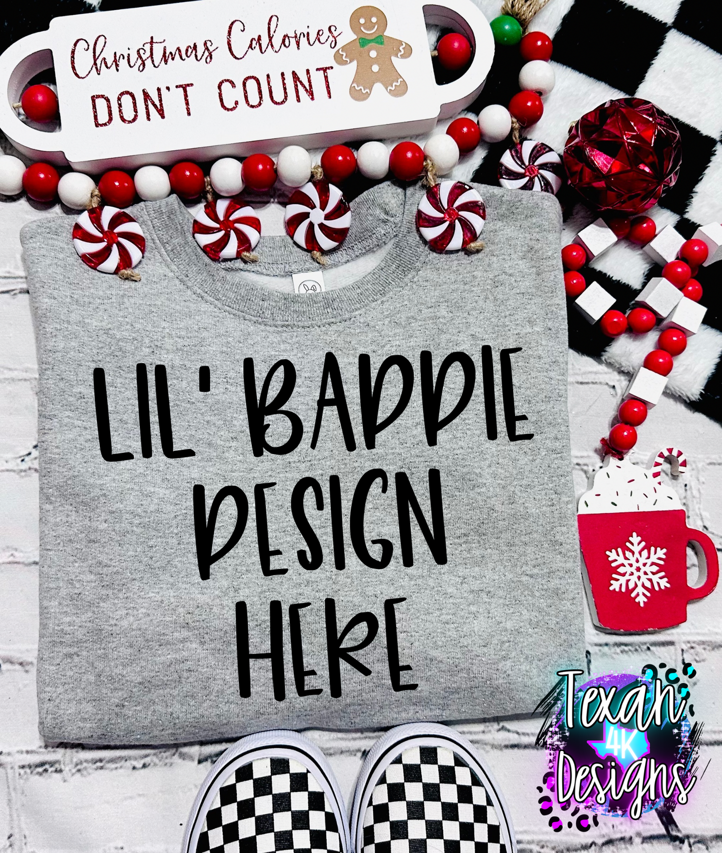 ash grey shirt , toddler girl, checkered, edgy, spooky, flatlay mock up - christmas calories