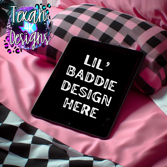 kid ipad mock , toddler, pink checkered, edgy, spooky, flatlay mock up