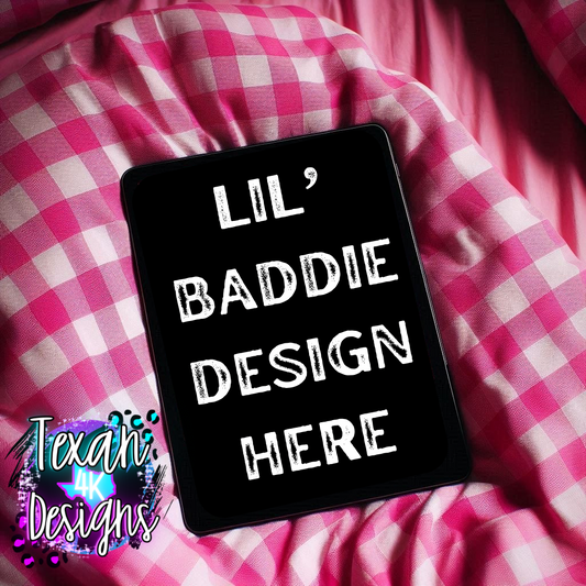 kid ipad mock , toddler, pink checkered, edgy, spooky, flatlay mock up