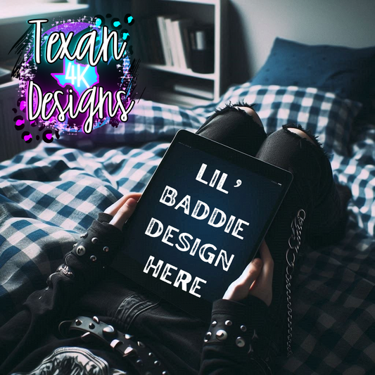 kid ipad mock , toddler, dark blue checkered, edgy, spooky, flatlay mock up