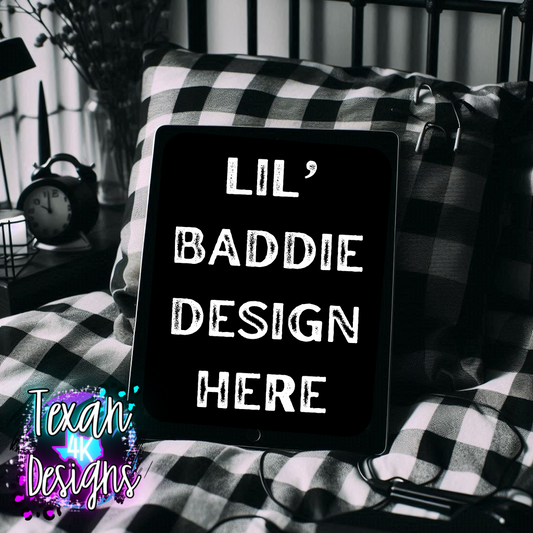 kid ipad mock , toddler, black checkered, edgy, spooky, flatlay mock up