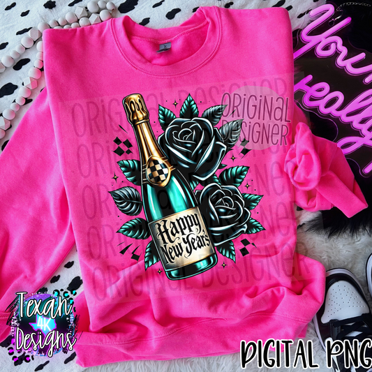 happy new years champagne bottle roses- DIGITAL PNG
