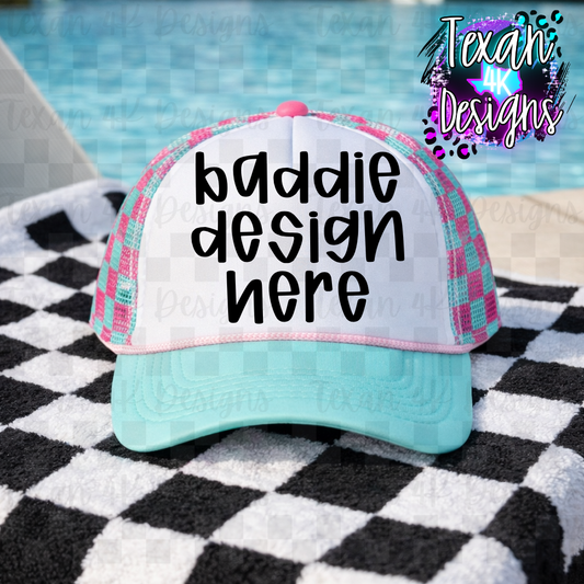 blue pink checkered hat mock up