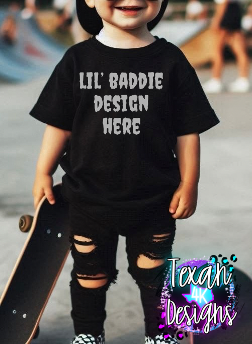 IRL black shirt toddler boy, edgy, model mock up