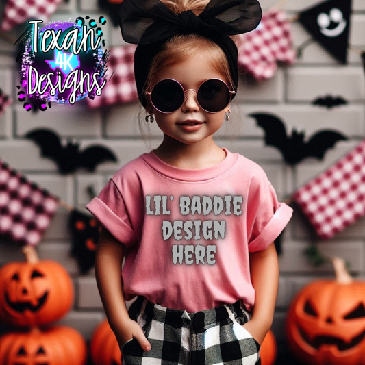 IRL light pink shirt toddler girl, edgy, spooky, model mock up