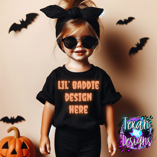 IRL black shirt toddler girl, edgy, spooky, model mock up