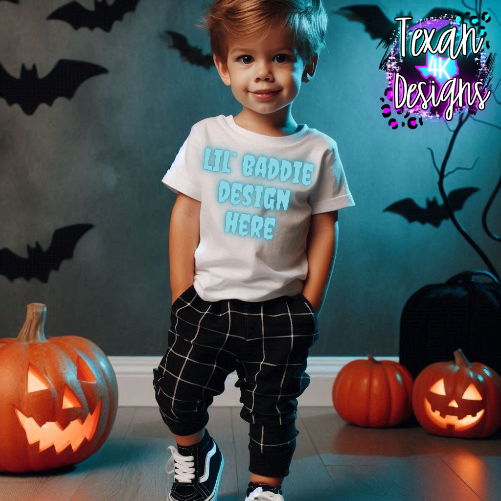 IRL white shirt toddler boy, edgy, spooky, model mock up