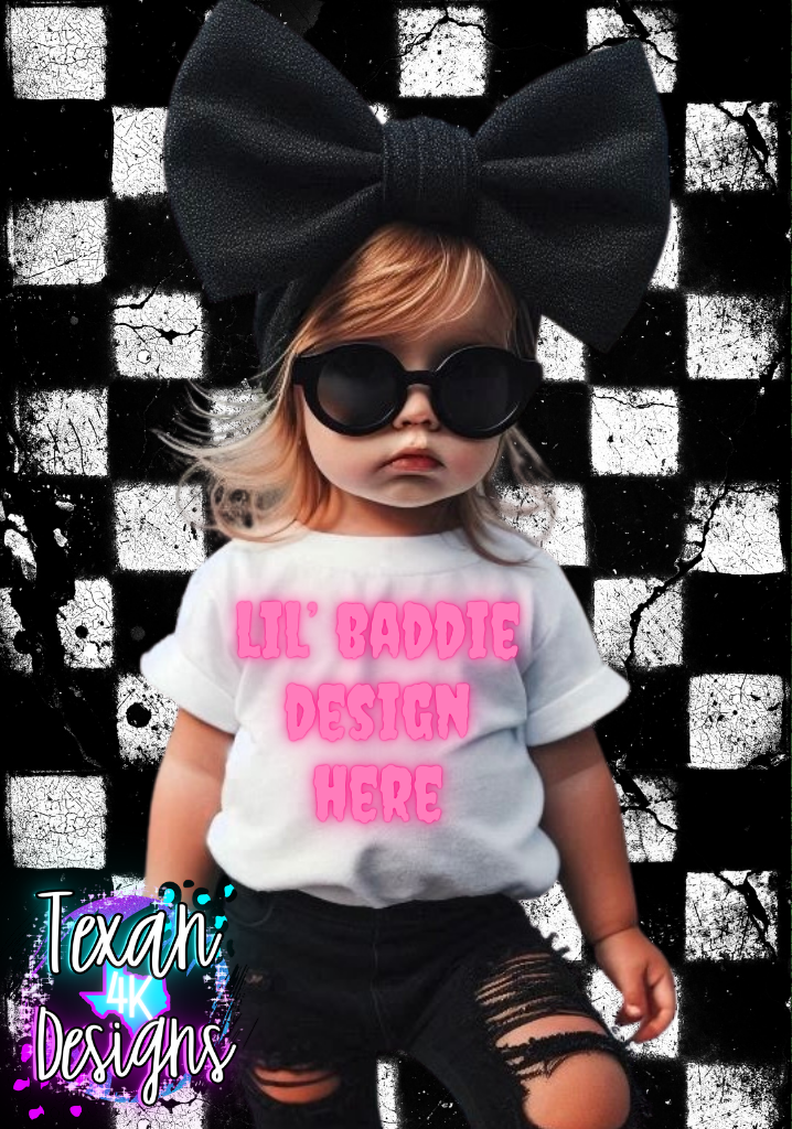 IRL white shirt toddler girl, edgy, checkered, spooky, model mock up