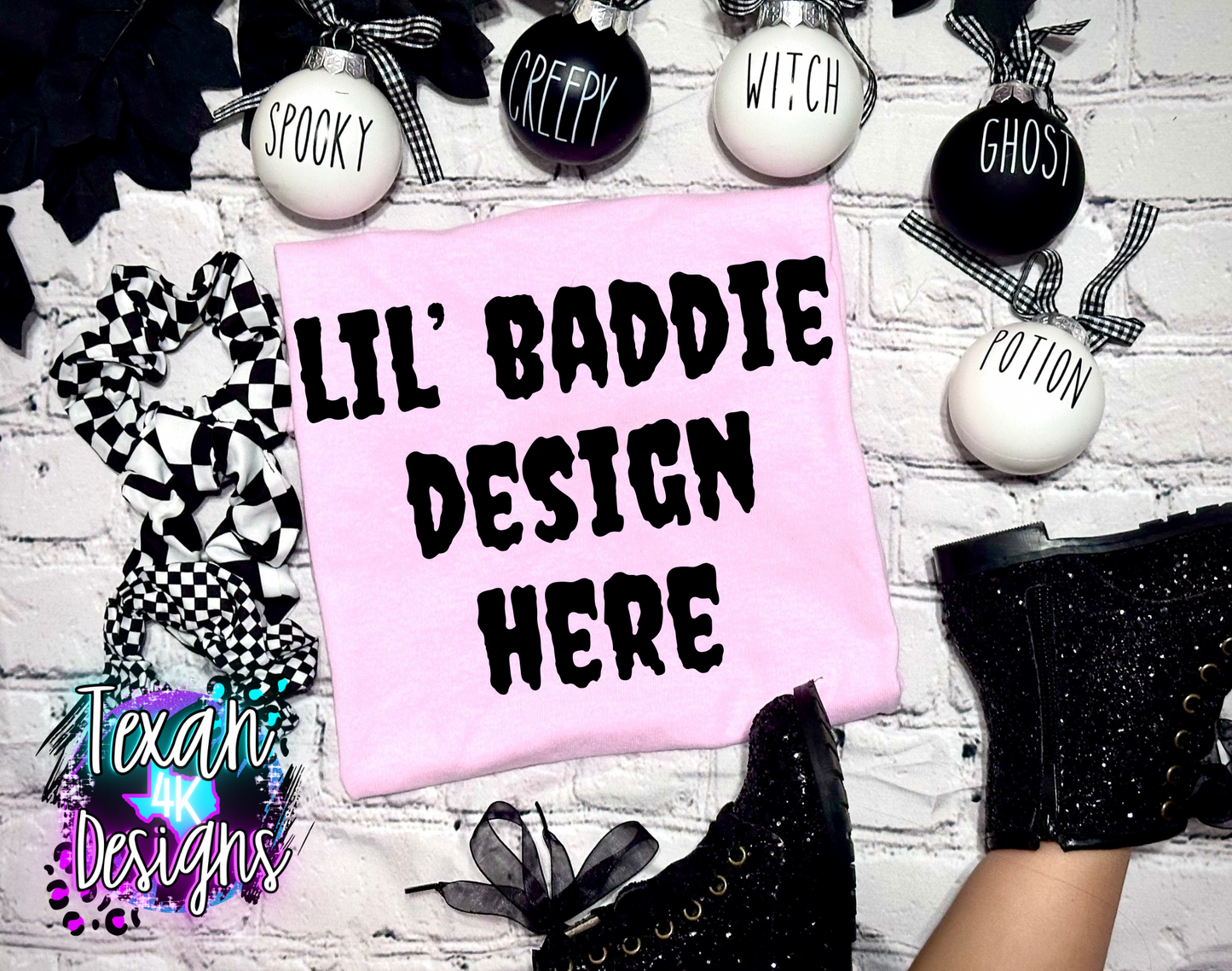 gildan light pink shirt, toddler girl, checkered, edgy, spooky, flatlay mock up - creepmas