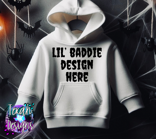 white hoodie toddler boy, edgy, spooky, creepy flatlay mock up