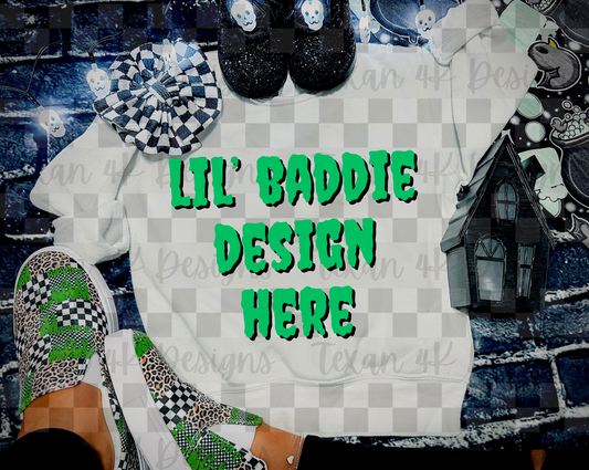 white crewneck sweatshirt, toddler girl, checkered, edgy, spooky, flatlay mock up