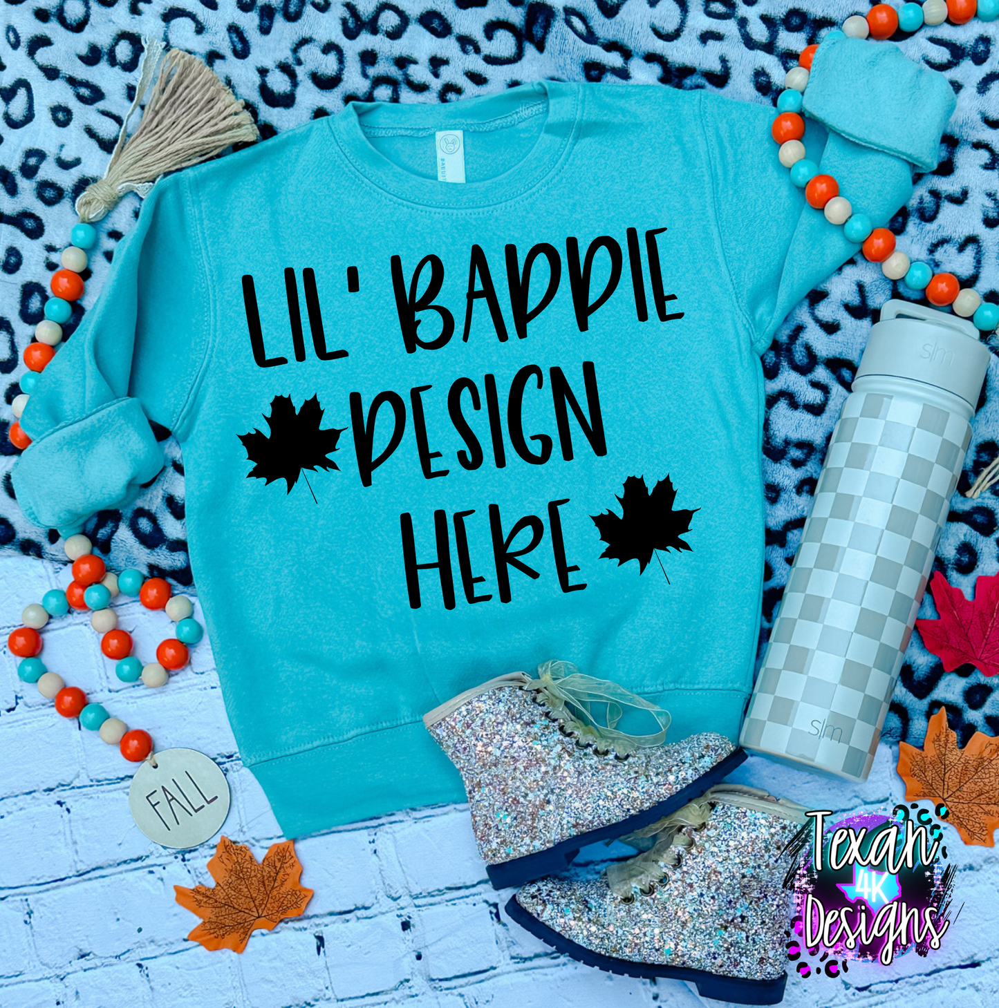 saltwater creneck sweatshirt, toddler girl, leopard, edgy, fall, flatlay mock up