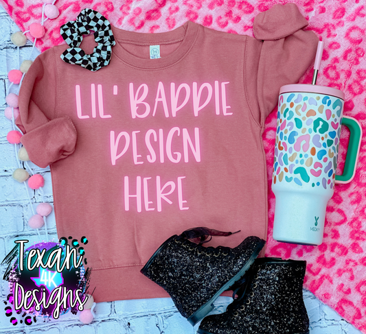 mauve crewneck sweatshirt, toddler girl, checkered, leopard, edgy, preppy, flatlay mock up