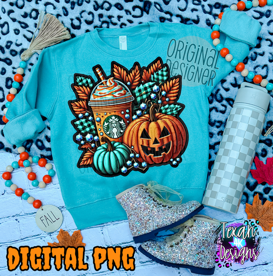 fall coffee plaid leaves orange teal - DIGITAL PNG